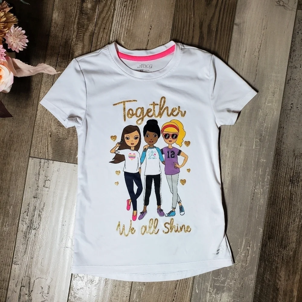 bcg girls size xs 6-6x white and gold shimmery t-shirt nwot
